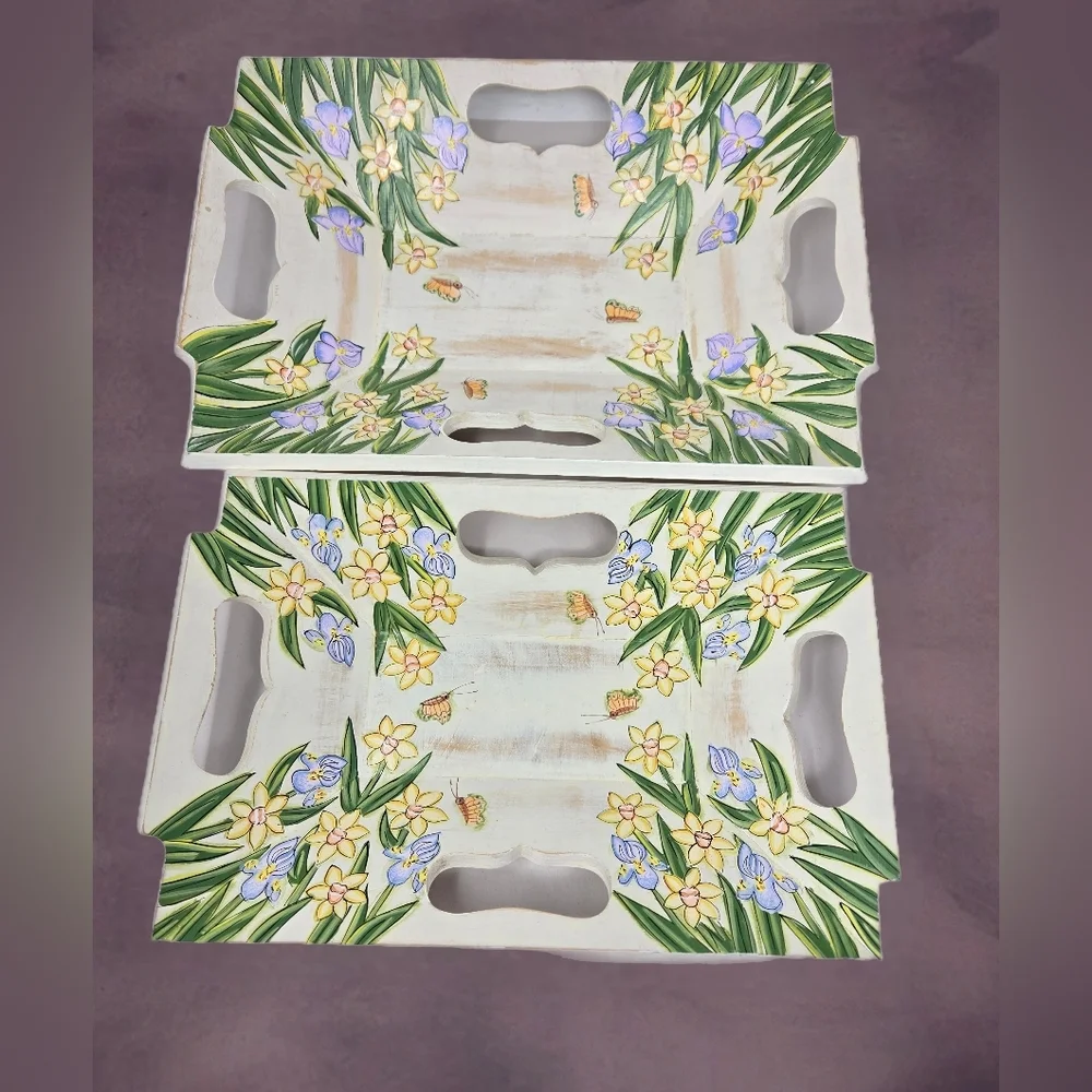 Wood Serving Trays Nesting Set Of 2 Handmade-Painted Trays Holders Decor Spring